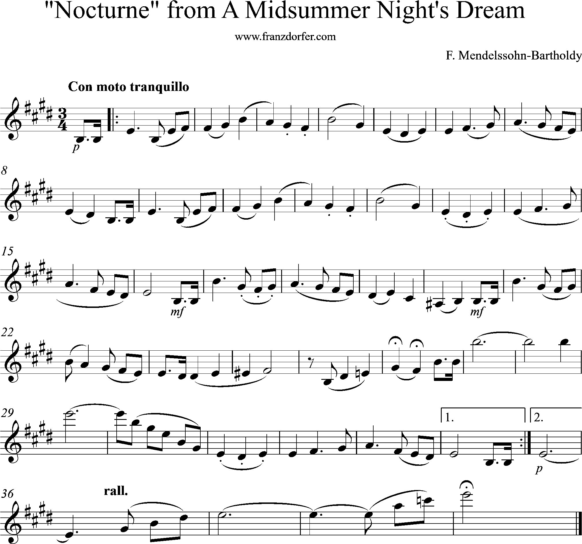 solopart, Sheetmusic, Nocturne, Midsummer- Mendelssohn